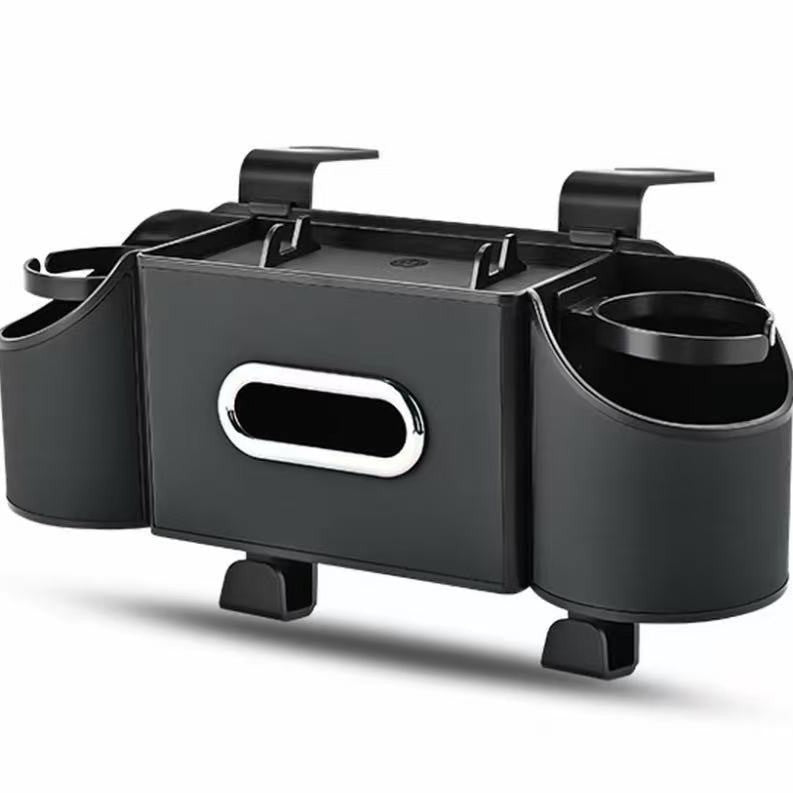 CAR REAR SEAT STORAGE ORGANIZER WITH TISSUE BOX, TIDY BAG HOOKS, PHONE & AMP, ADJUSTABLE CUP HOLDERS.