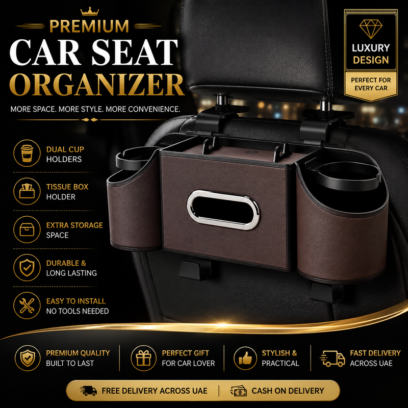 CAR REAR SEAT STORAGE ORGANIZER WITH TISSUE BOX, TIDY BAG HOOKS, PHONE & AMP, ADJUSTABLE CUP HOLDERS.