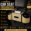 CAR REAR SEAT STORAGE ORGANIZER WITH TISSUE BOX, TIDY BAG HOOKS, PHONE & AMP, ADJUSTABLE CUP HOLDERS.