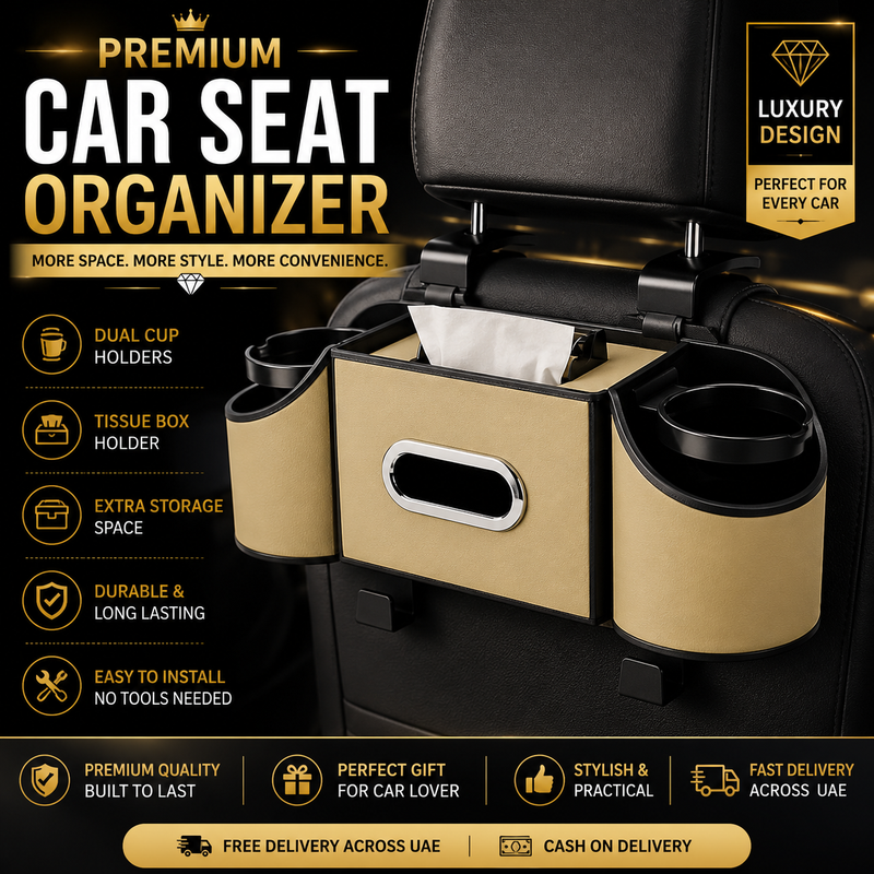 CAR REAR SEAT STORAGE ORGANIZER WITH TISSUE BOX, TIDY BAG HOOKS, PHONE & AMP, ADJUSTABLE CUP HOLDERS.