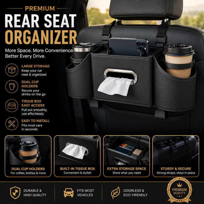 CAR REAR SEAT STORAGE ORGANIZER WITH TISSUE BOX, TIDY BAG HOOKS, PHONE & AMP, ADJUSTABLE CUP HOLDERS.