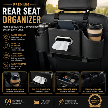 CAR REAR SEAT STORAGE ORGANIZER WITH TISSUE BOX, TIDY BAG HOOKS, PHONE & AMP, ADJUSTABLE CUP HOLDERS.