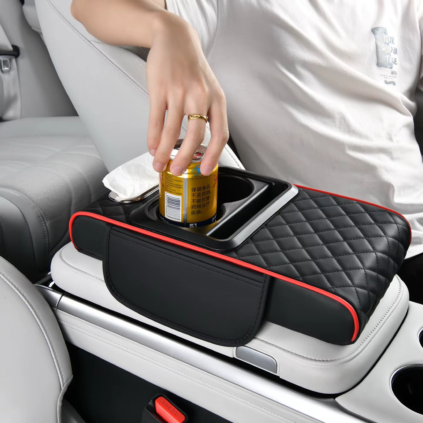CAR ARM REST ORGANIZER WITH CUP HOLDER, MOBILE HOLDER AND TISSUE HOLDER