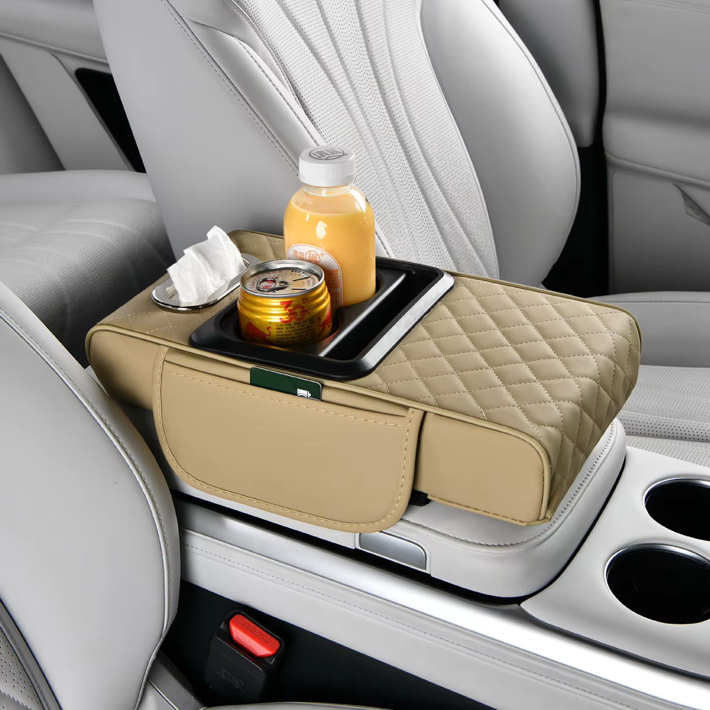 CAR ARM REST ORGANIZER WITH CUP HOLDER, MOBILE HOLDER AND TISSUE HOLDER