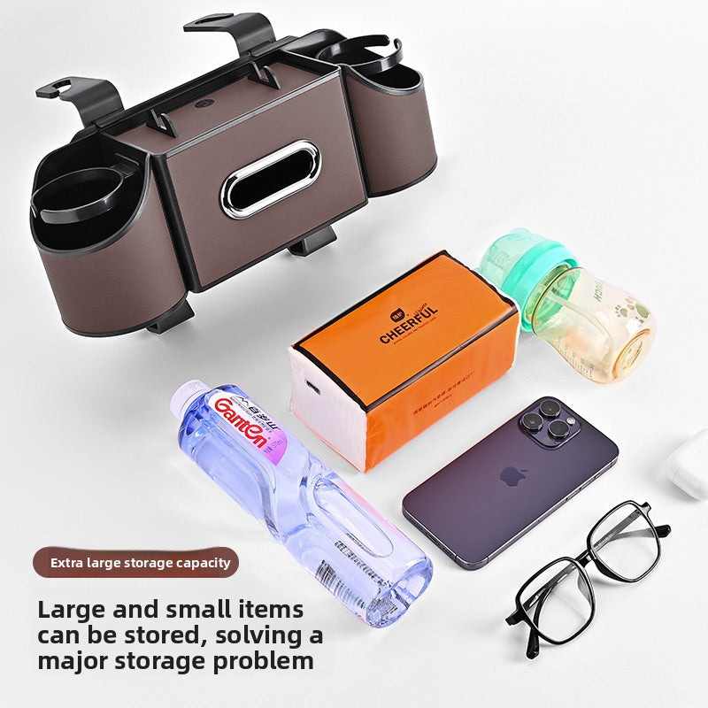 CAR REAR SEAT STORAGE ORGANIZER WITH TISSUE BOX, TIDY BAG HOOKS, PHONE & AMP, ADJUSTABLE CUP HOLDERS.
