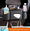 CAR REAR SEAT STORAGE ORGANIZER WITH TISSUE BOX, TIDY BAG HOOKS, PHONE & AMP, ADJUSTABLE CUP HOLDERS.