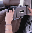 CAR REAR SEAT STORAGE ORGANIZER WITH TISSUE BOX, TIDY BAG HOOKS, PHONE & AMP, ADJUSTABLE CUP HOLDERS.