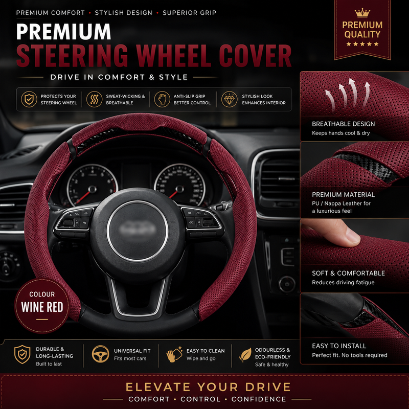 PREMIUM SPORTY UNIVERSAL STEERING WHEEL COVER (ANTI SLIP - NEPPA LEATHER)
